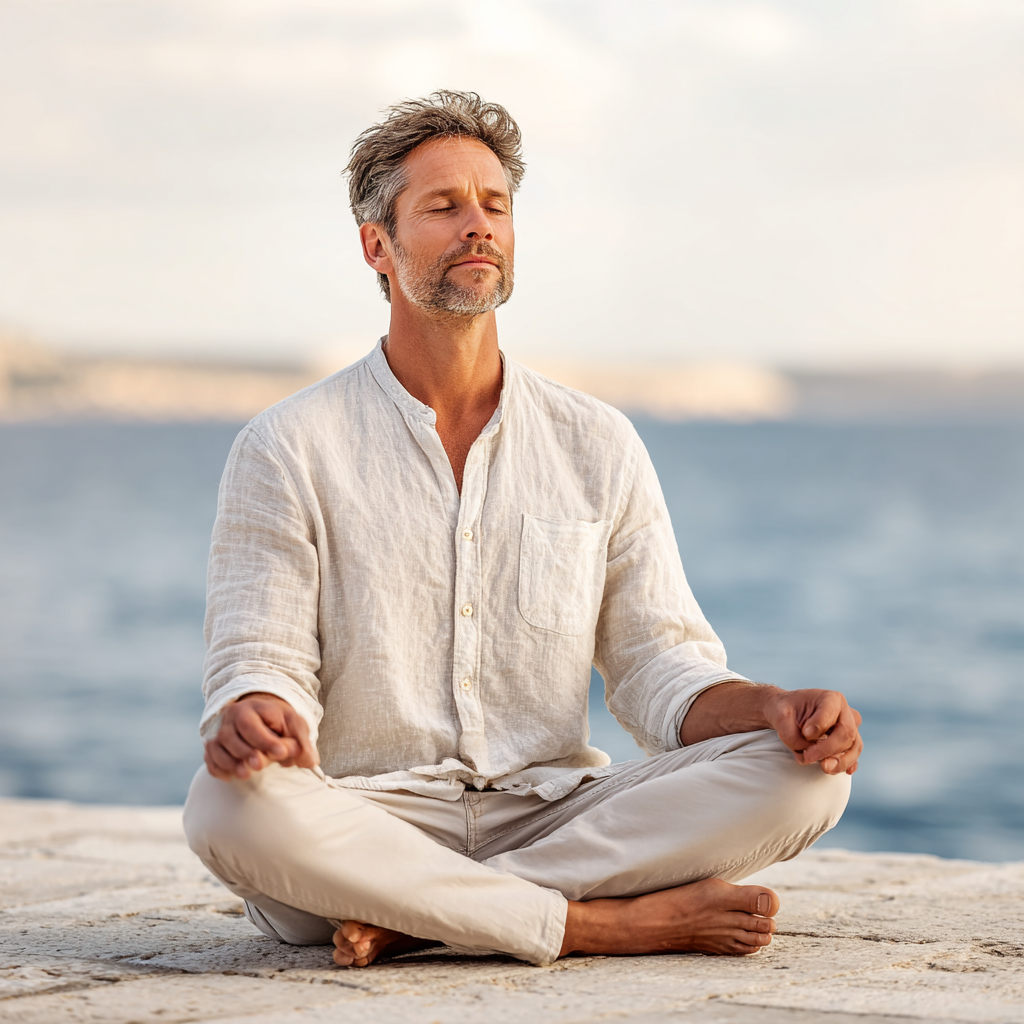 Peaceful European woman in her 30s in meditation pose with gentle smile, sitting cross-legged in bright yoga studio with plants