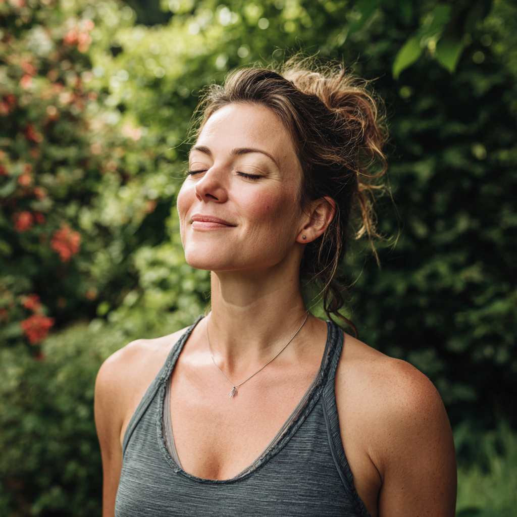 Happy young European woman in her 20s with bright smile, sitting in simple yoga pose wearing comfortable workout clothes, natural daylight